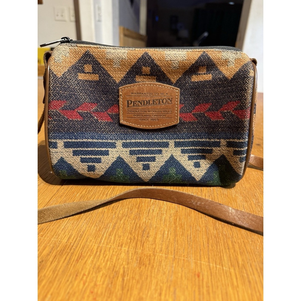 Pendleton Wool Crossbody Bag USA Made Southwest Blanket Pattern Leather Trim